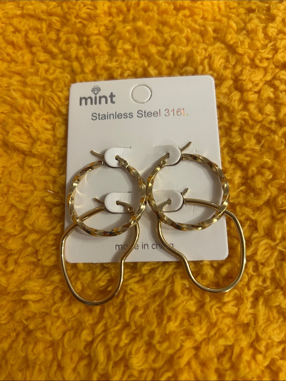 Mint Gold Double Hoop Drop Earrings with Textured Rings